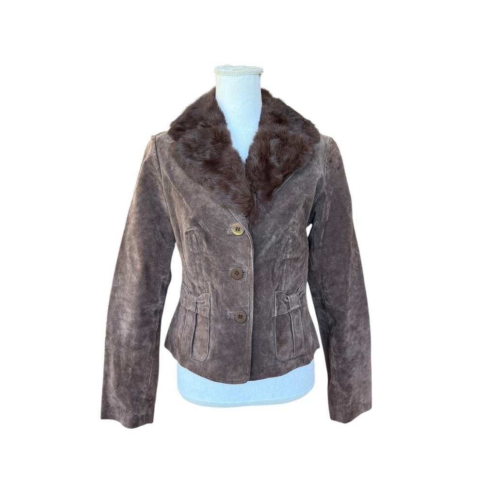 XOXO Brown Suede Leather Jacket Rabbit Fur Collar Vintage Y2K Womens Size Medium